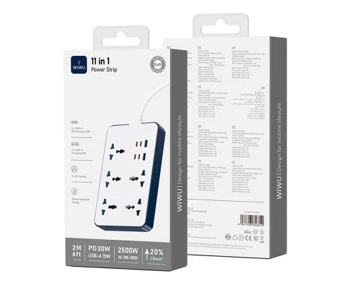 Удлинитель Wiwu 11 in 1 20W GaN Power Strip 4C+2A+5AC Wi-S006 EU 2M