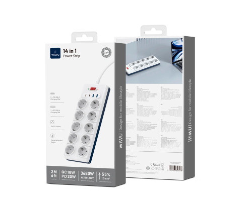 Удлинитель Wiwu 14 in 1 Power Strip 2C+2A+10AC Wi-S008