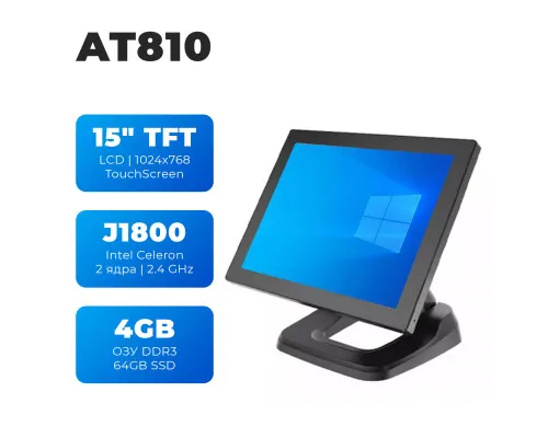 POS Моноблок сенсорный AT810 Celeron J1800 2.4  4+ SSD64 GB Dual core 6 USB, PS/2 клавиатура, мышь, 1 COM, LPT порт