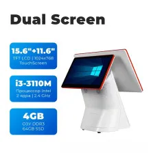 Моноблок сенсорный 15.6"+11.6" /CPU i3 3110M 2.4 GHz/ DDR3 4GB/64GB SSD/USB 6 2.0/LAN/COM/VGA ДВОЙНОЙ ЭКРАН (бело-оранжевый)