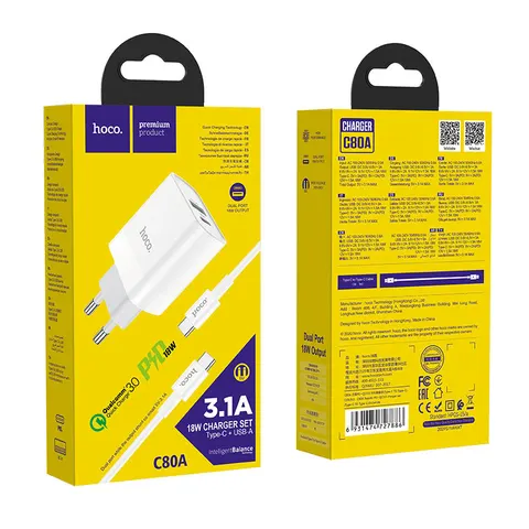 Сетевое З/У Hoco C80A Rapido Type-C PD+QC3.0 + кабель Type-C