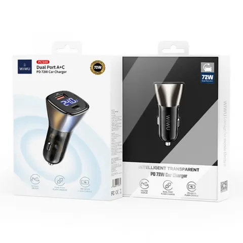 Автомобильное зарядное устройство Wiwu Dual Port A+C PD72W Car Charger PC500