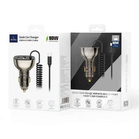 Автомобильная зарядка Wiwu Geek Car Charger USB-A+USB-C+iP Cable Wi-QC019 90W